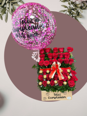 Arreglo de Rosas con Globo Personalizado