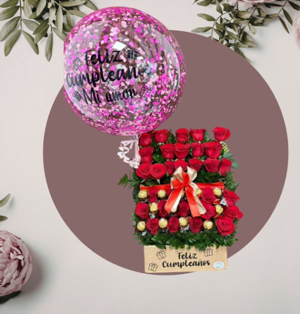 Arreglo de Rosas con Globo Personalizado