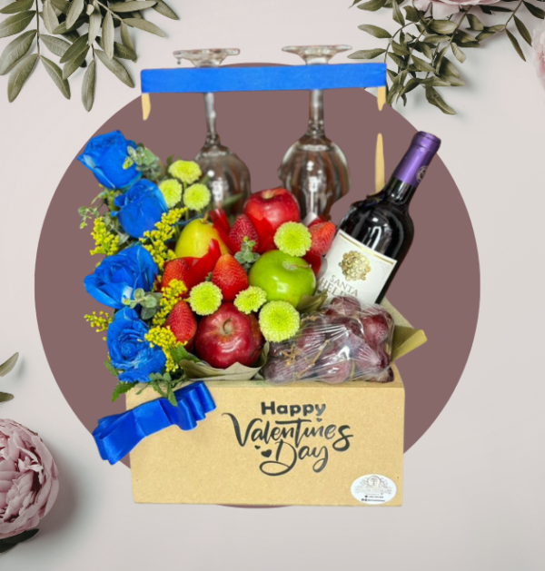 Caja de Frutas con Vino y Copas