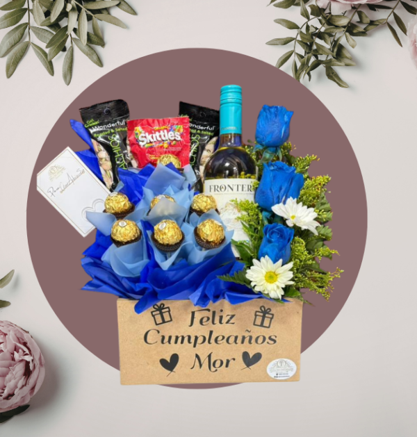 Caja Sorpresa con Vino, Rosas y Chocolates