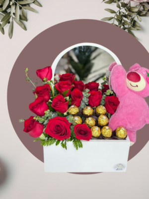 5 Caja Floral con Peluche y Chocolates