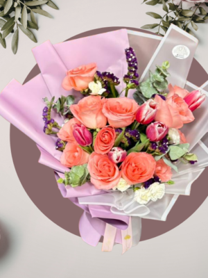 Ramo de Rosas Durazno y Tulipanes