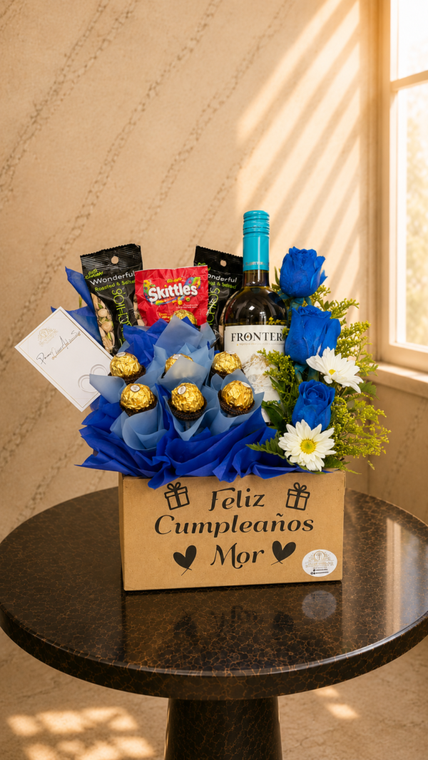 Caja Sorpresa con Vino, Rosas y Chocolates