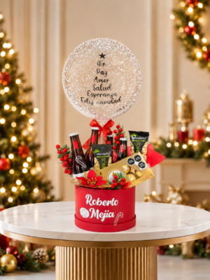 Caja Navideña con Bebidas, Snacks y Globo Burbuja