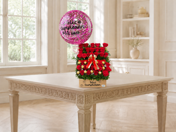 Arreglo de Rosas con Globo Personalizado