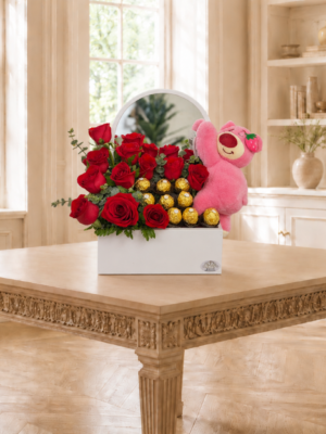 Caja Floral con Peluche y Chocolates