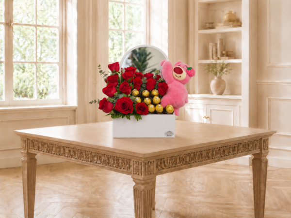 Caja Floral con Peluche y Chocolates