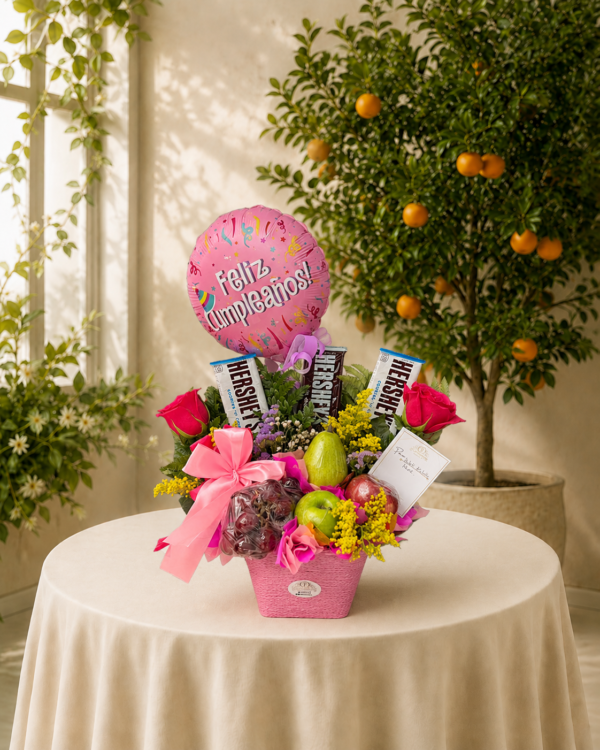 Arreglo de Frutas, Flores y Chocolates