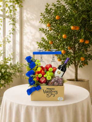 Caja de Frutas con Vino y Copas