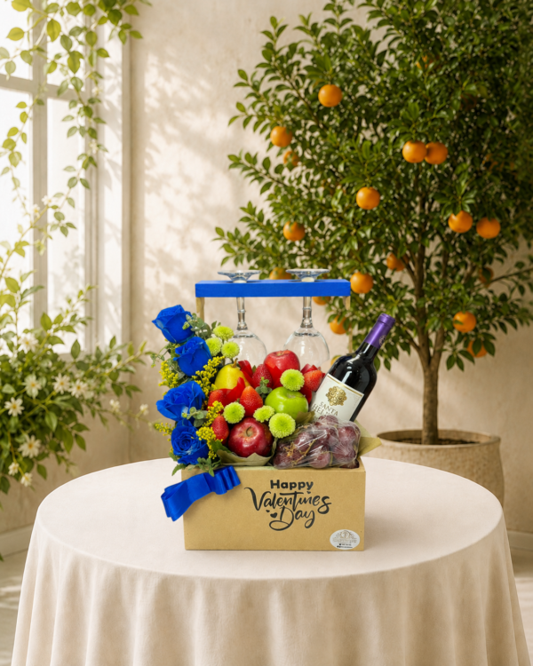 Caja de Frutas con Vino y Copas