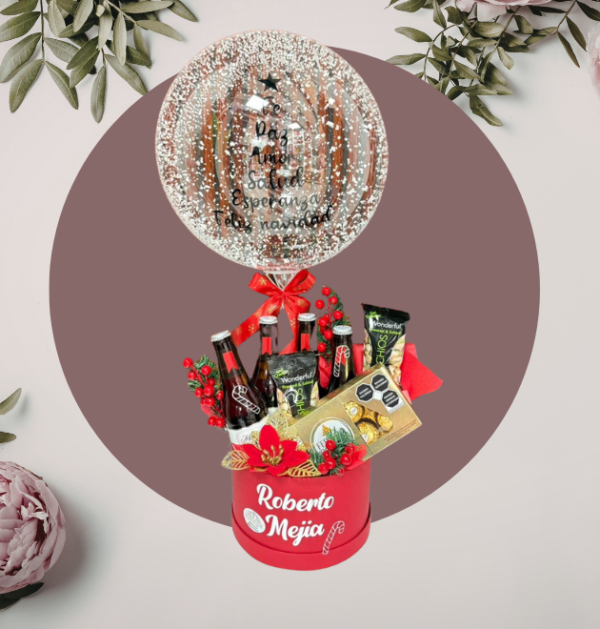 Caja Navideña con Bebidas, Snacks y Globo Burbuja