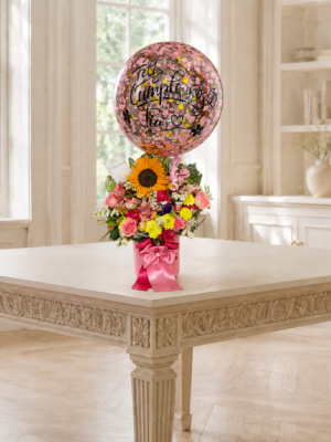 Arreglo Floral con Globo Burbuja para Dama