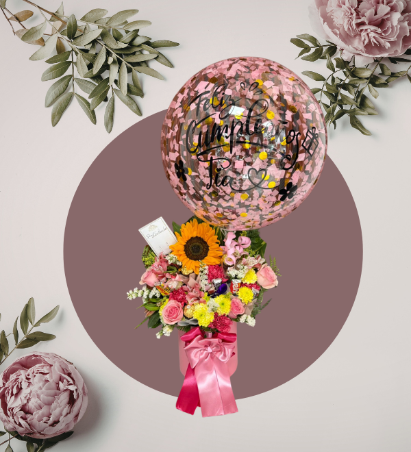 Arreglo Floral con Globo Burbuja para Dama